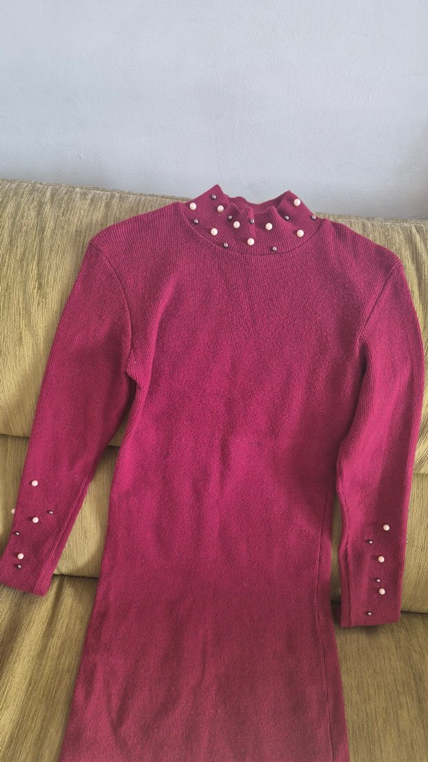 Bordo Düğmeli Uzun Kollu Kadın Kazak - Görsel 2