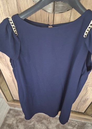 Zincir Detaylı Kısa Kollu Midi Lacivert Elbise - Görsel 2