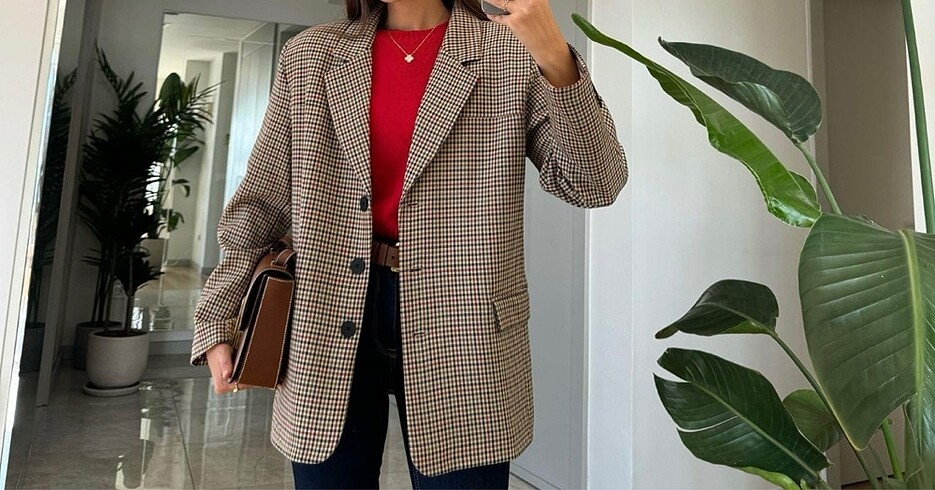 m Beden Kareli Blazer Ceket
