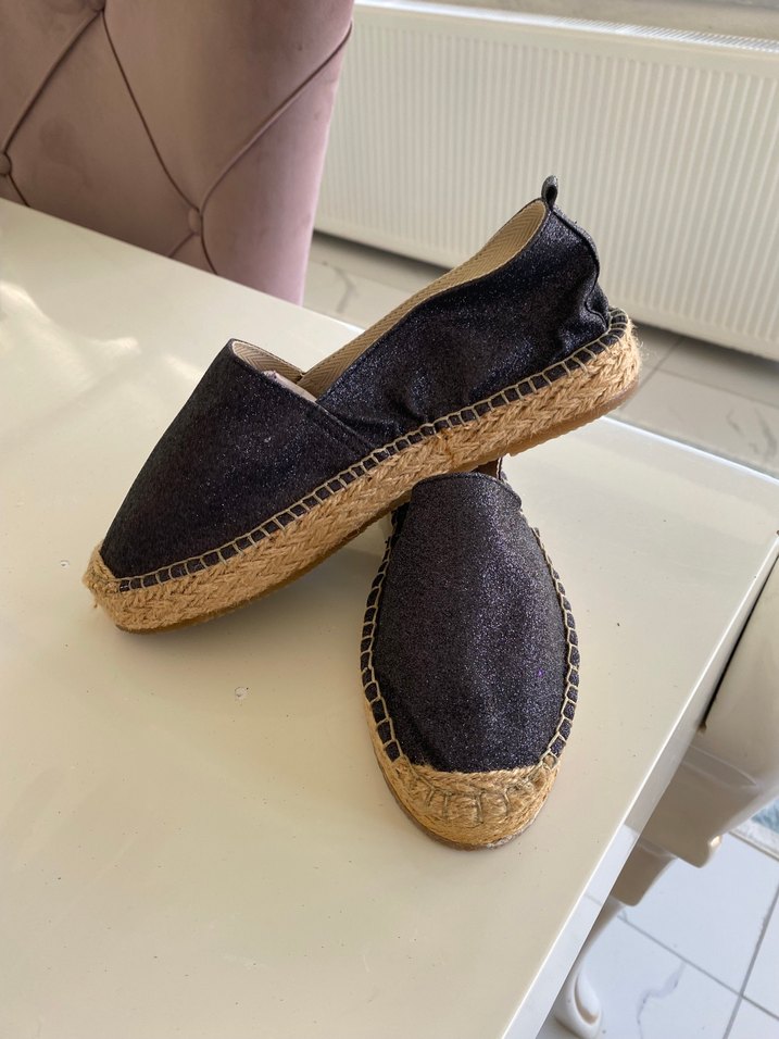 Kadın Siyah Simli  Keten Dolgu Topuk Espadril - Görsel 2