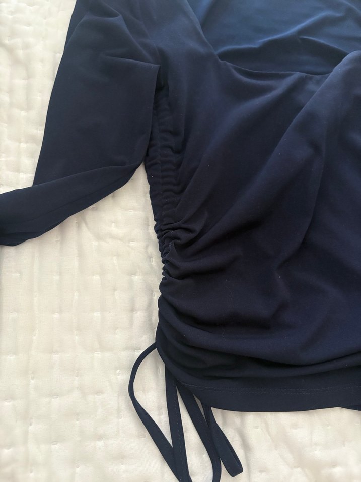 Drapeli kare Yakalı Lacivert Kadın Bluz - Görsel 3