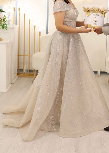 Bej Uzun Nişan Kına Abiye Elbise - Görsel 4