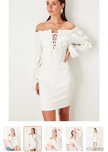 Beyaz  Uzun Kollu Dar Kesim Elbise - Görsel 3