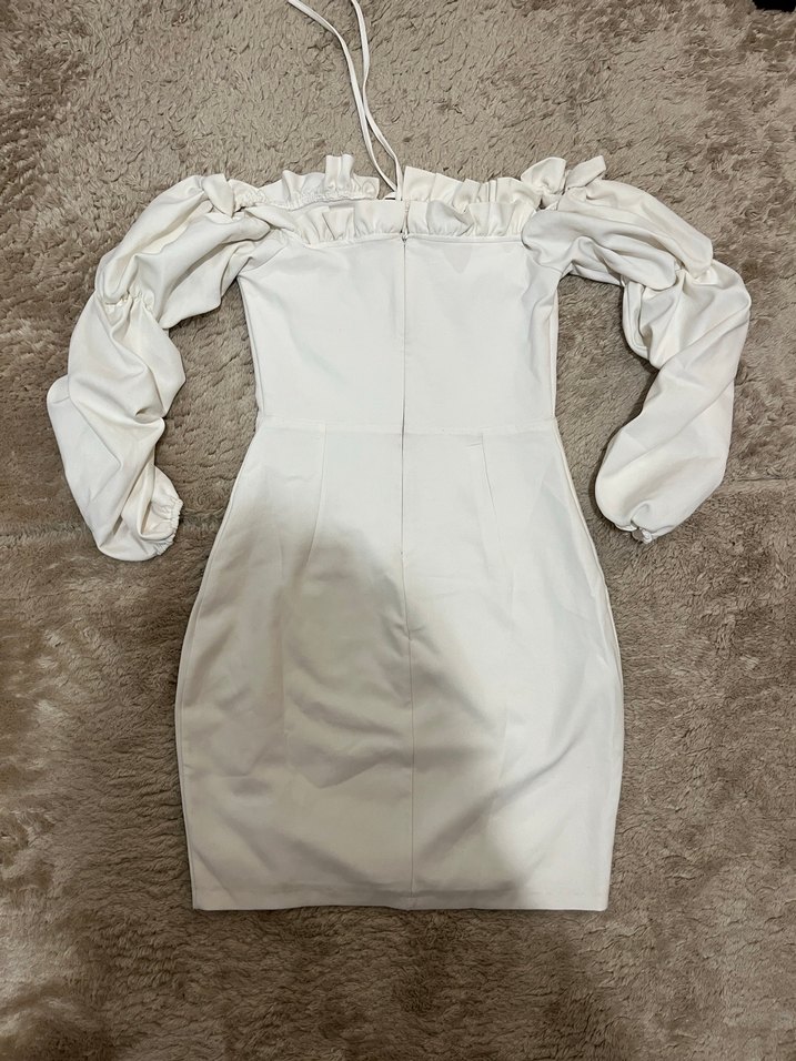 Beyaz  Uzun Kollu Dar Kesim Elbise - Görsel 2