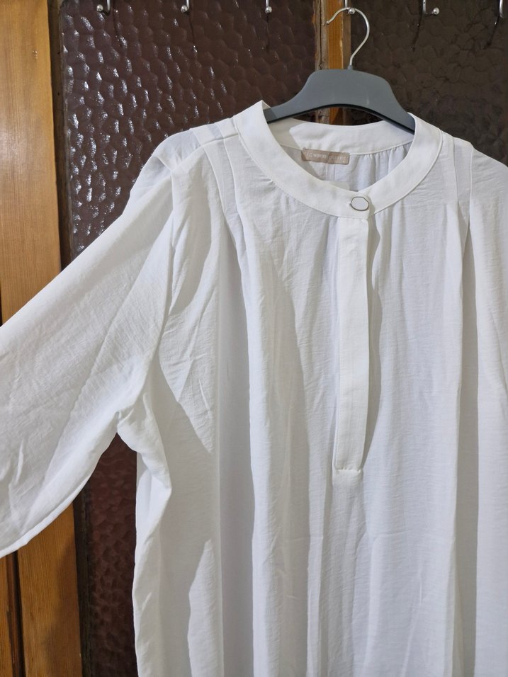 Kadın Beyaz Keten Düğmeli Uzun Kollu Gömlek - Görsel 2