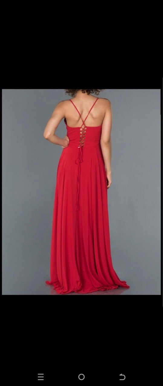 Kırmızı Uzun Drapeli V Yaka Elbise - Görsel 2