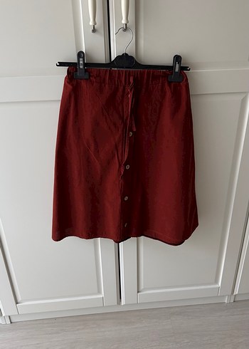 Kiremit Düğmeli Midi Keten Etek - Görsel 2