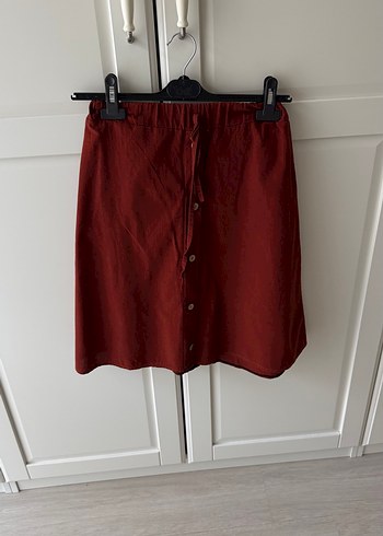 Kiremit Düğmeli Midi Keten Etek - Görsel 3