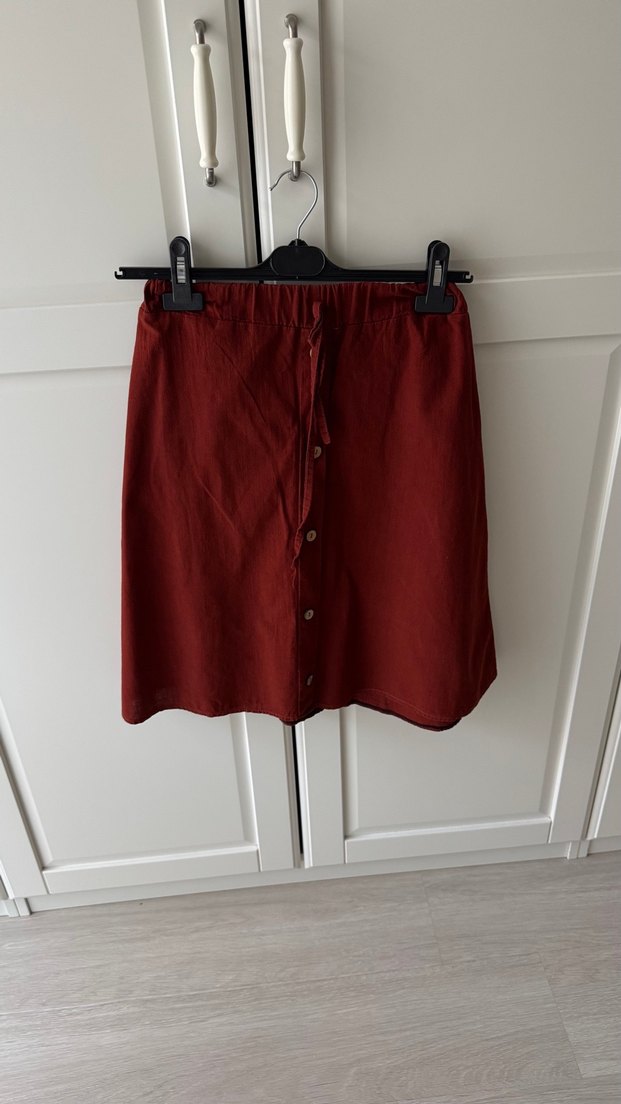 Kiremit Düğmeli Midi Keten Etek - Görsel 3