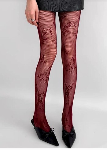 Bordo Dantel Desenli Gotik Külotlu Çorap