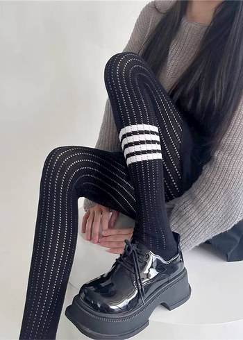 Çizgili Siyah Gri Triko Kadın Çorap - Görsel 2