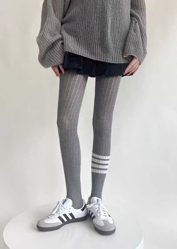 Gri Çizgili Örgü Midi Tayt - Görsel 3