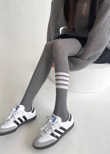 Gri Çizgili Örgü Midi Tayt - Görsel 2