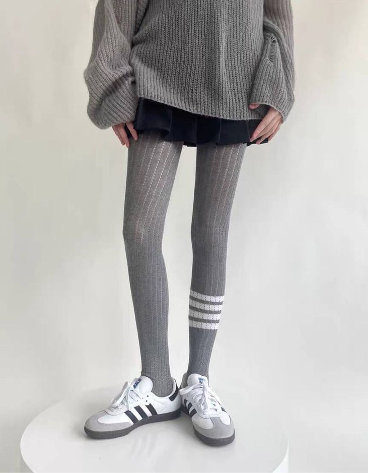 Gri Çizgili Örgü Midi Tayt - Görsel 3
