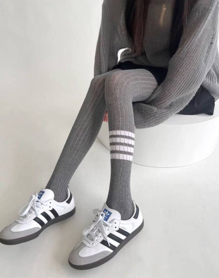 Gri Çizgili Örgü Midi Tayt - Görsel 2