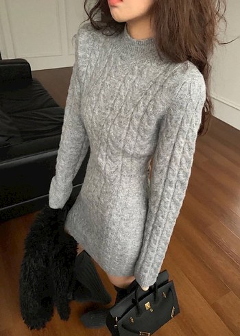 Gri Yüksek Yakalı Mini Triko Elbise - Görsel 2