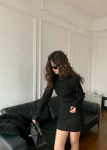 Siyah Mini triko Elbise - Görsel 3