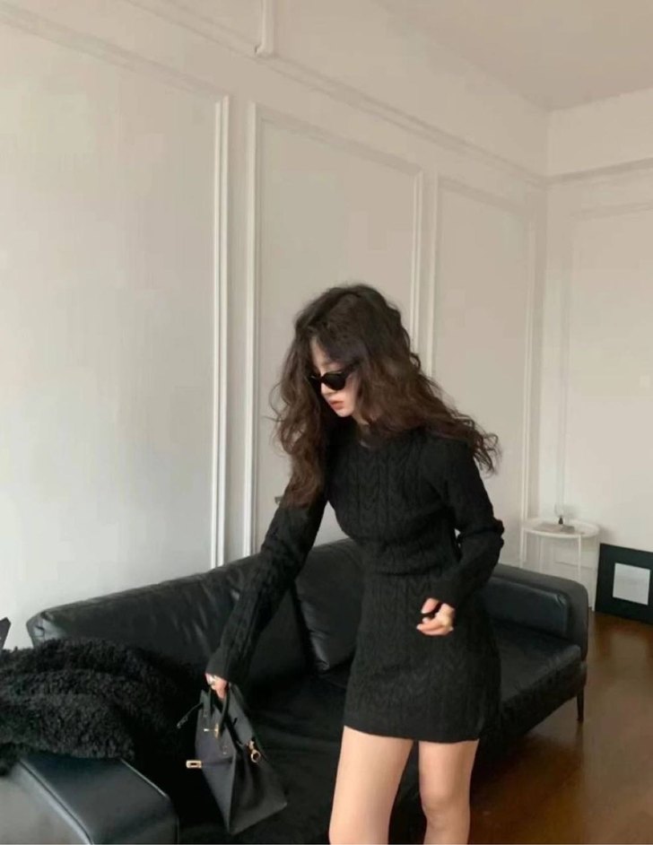 Siyah Mini triko Elbise - Görsel 3