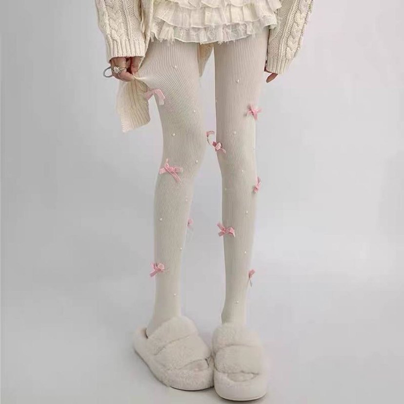 Nakışlı krem Triko Midi Tayt - Görsel 2