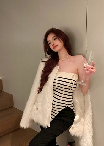 Zebra Desenli Beyaz Straplez bluz - Görsel 4