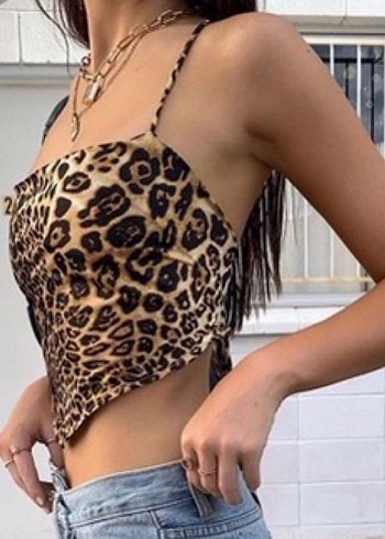 s Beden kahverengi Renk Leopar Desenli İnce Askılı crop