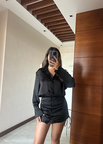 Siyah Mini Saten Gömlek Elbise