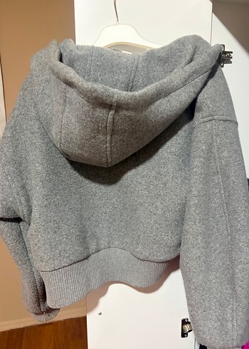 Gri Kadın Yün Kapüşonlu Fermuarlı Ceket - Görsel 2