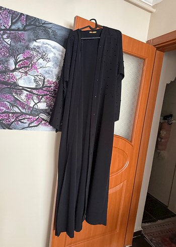 Uzun Siyah Kadın ferace Boncuk Detaylı - Görsel 4