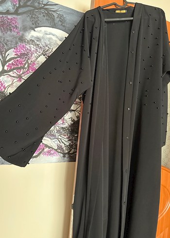 Uzun Siyah Kadın ferace Boncuk Detaylı - Görsel 2