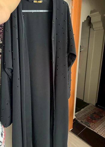 Uzun Siyah Kadın ferace Boncuk Detaylı - Görsel 5