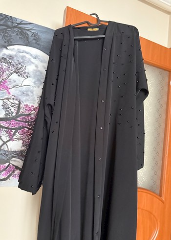 Uzun Siyah Kadın ferace Boncuk Detaylı - Görsel 3