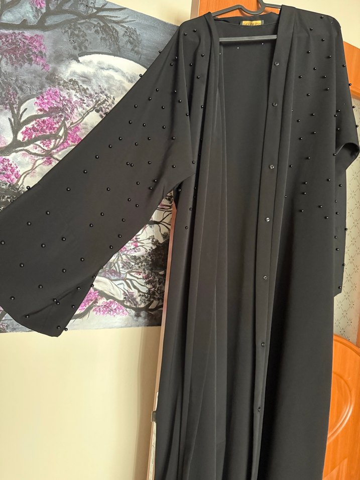 Uzun Siyah Kadın ferace Boncuk Detaylı - Görsel 2