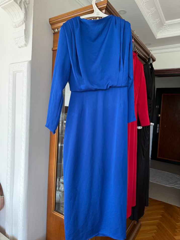 Mavi Uzun Kollu Drapeli Kadın Elbise - Görsel 2