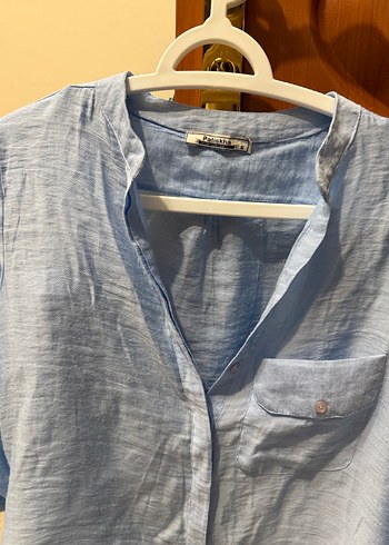 Mavi Düğmeli Keten Kadın Gömlek - Görsel 2