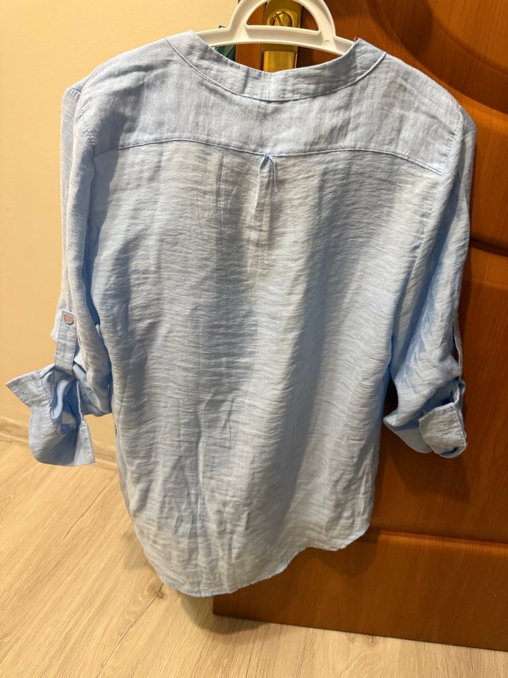 Mavi Düğmeli Keten Kadın Gömlek - Görsel 3