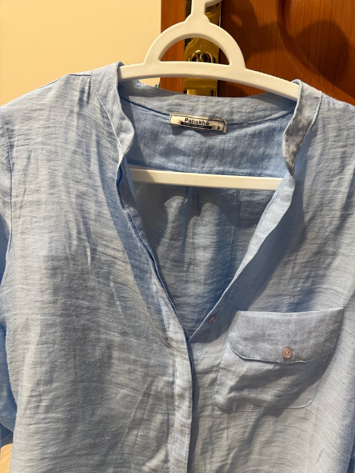 Mavi Düğmeli Keten Kadın Gömlek - Görsel 2