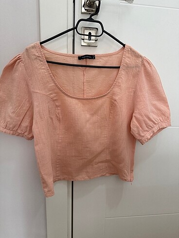 Sandık yaka pudra karpuz kol keten Crop bluz