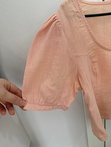 Trendyol & Milla Sandık yaka pudra karpuz kol keten Crop bluz