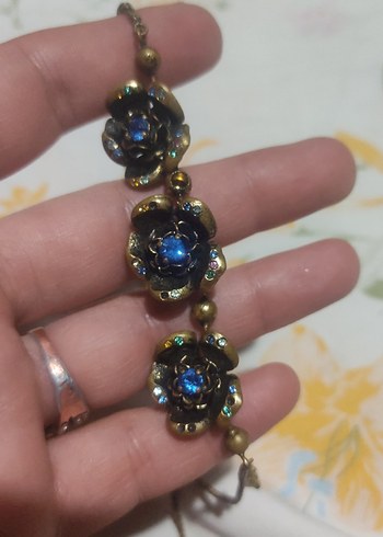 Mavi Çiçekli Vintage  Boncuklu pirinç Kolye - Görsel 2