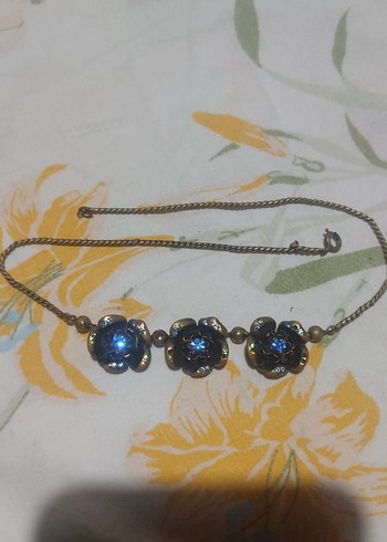 Mavi Çiçekli Vintage  Boncuklu pirinç Kolye - Görsel 3