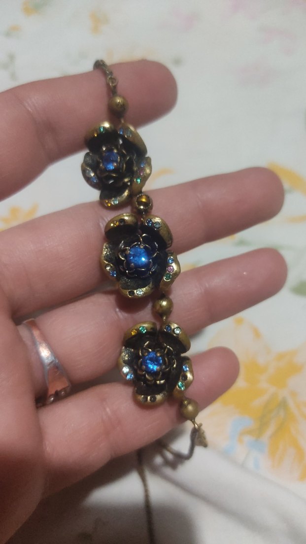 Mavi Çiçekli Vintage  Boncuklu pirinç Kolye - Görsel 2