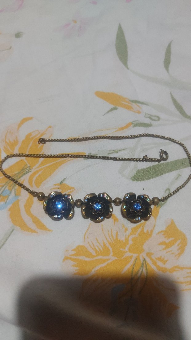 Mavi Çiçekli Vintage  Boncuklu pirinç Kolye - Görsel 3