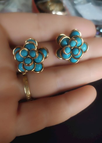 Turkuaz taşlı 18 k altın kaplamalı Çiçek Küpe - Görsel 2