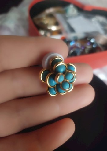 Turkuaz taşlı 18 k altın kaplamalı Çiçek Küpe - Görsel 4