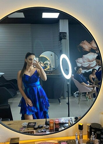 38 Beden mavi Renk Saks şifon askılı abiye elbise