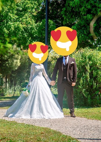 s Beden Uzun Kollu Fransız dantelli Beyaz A Kesim Gelinlik