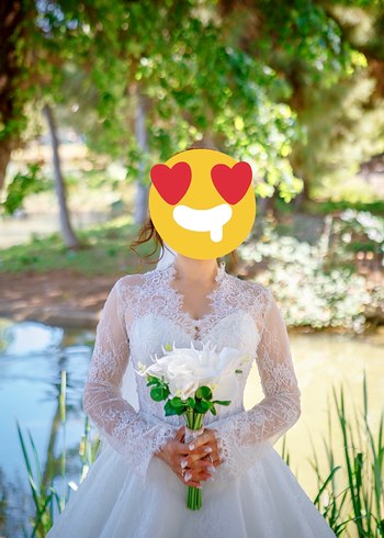 s Beden beyaz Renk Uzun Kollu Fransız dantelli Beyaz A Kesim Gelinlik