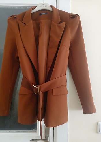 38 Beden kahverengi Renk Düğmeli Kahverengi Deri Kadın Blazer Ceket