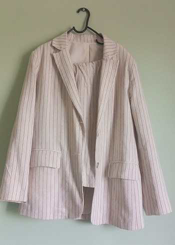 Bej Çizgili Keten Kadın Blazer Ceket Takım
