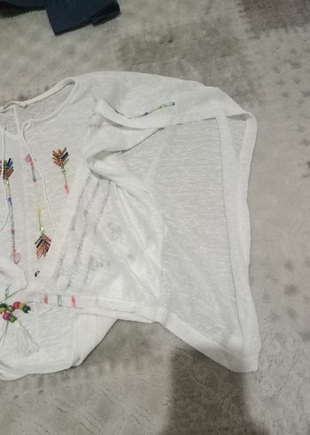 xl Beden beyaz Renk Nakışlı Beyaz Bohem Kısa Kollu Panço